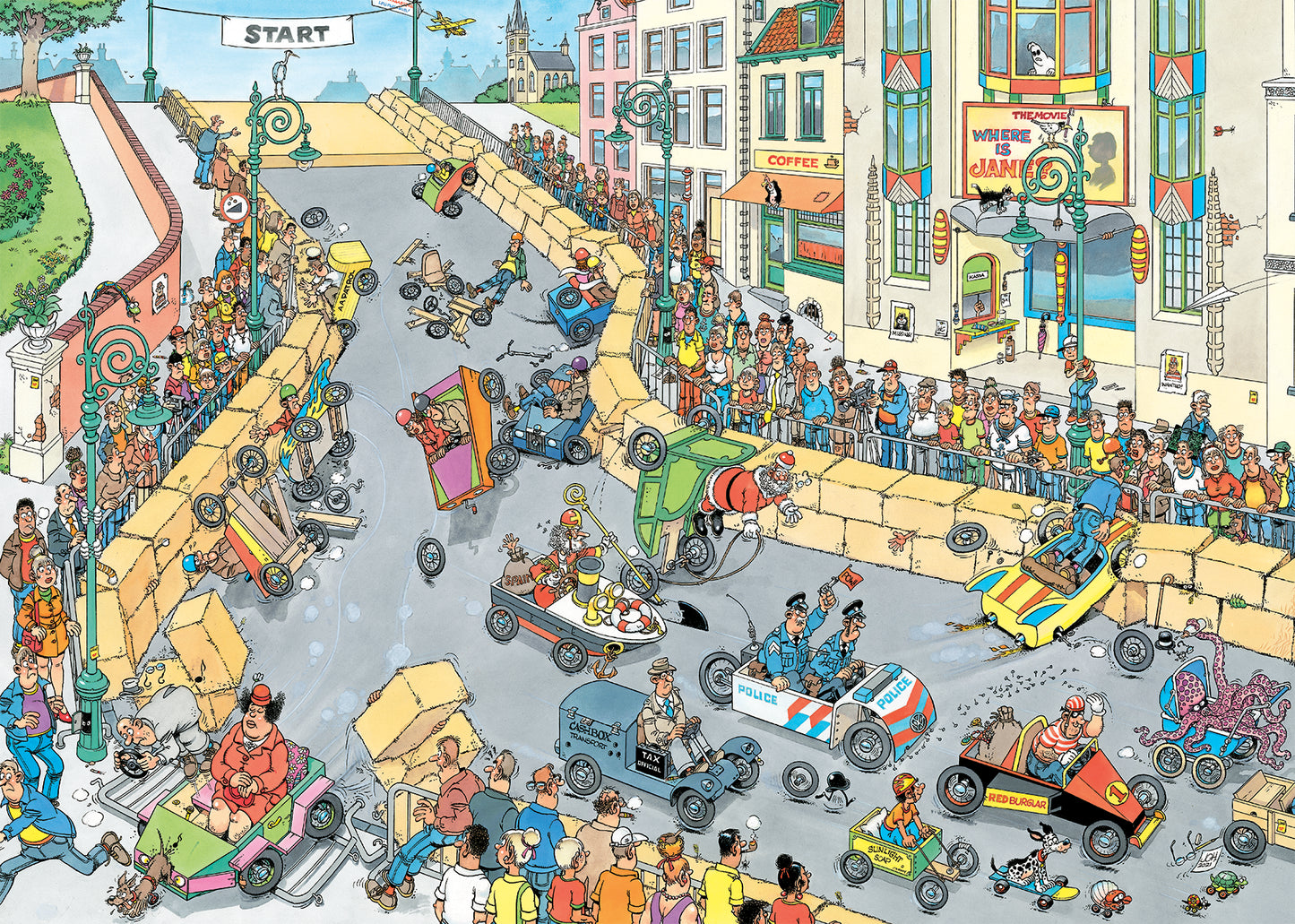 Jan van Haasteren 1000 gabalu puzle ar krāsainu ziepju kastes sacīkšu ilustrāciju un humoristiskiem tēliem.
