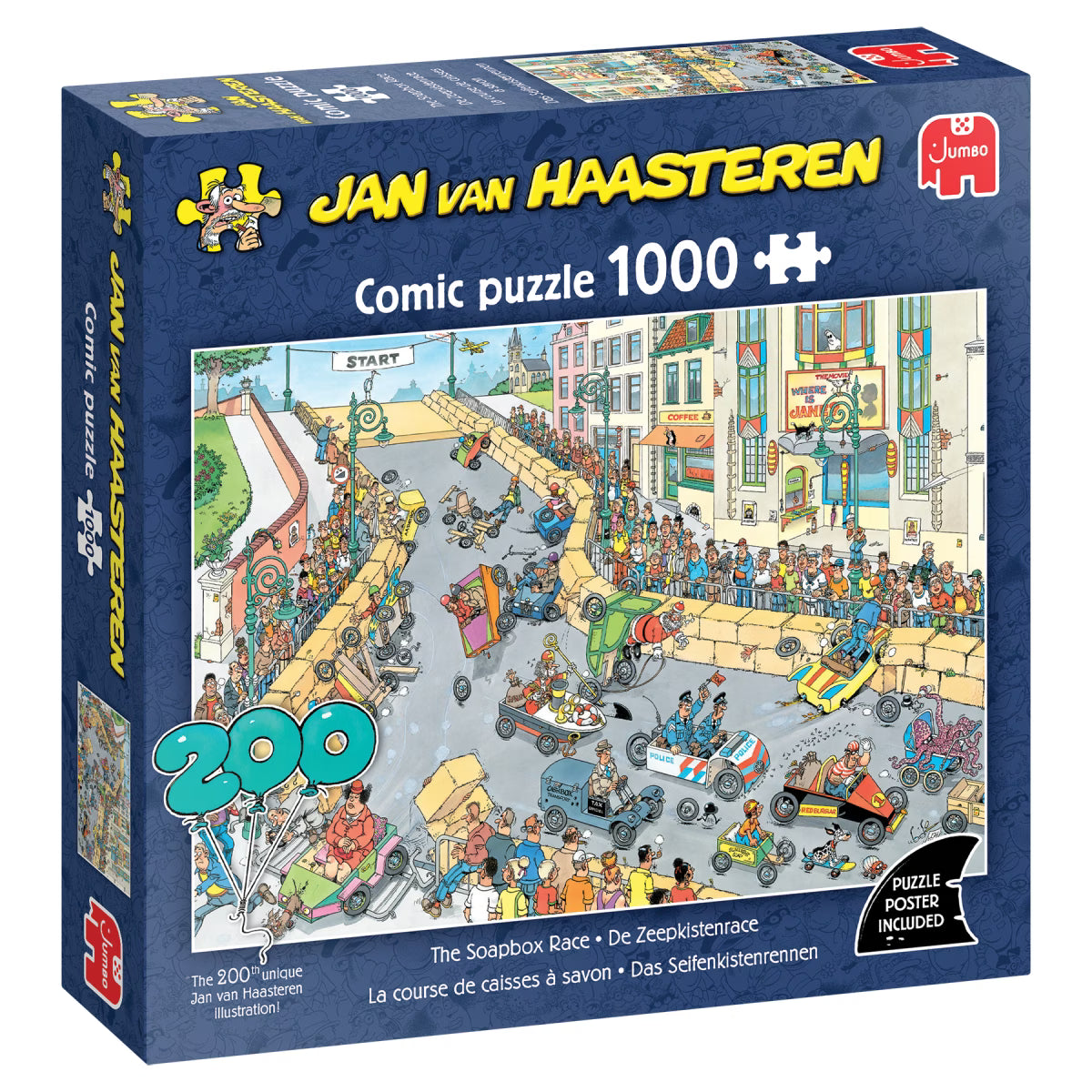 Jumbo 1000 gabalu puzle ar krāsainu, detalizētu Jana van Hāsterena ziepjkastes sacīkšu komiksu ilustrāciju uz kastes.