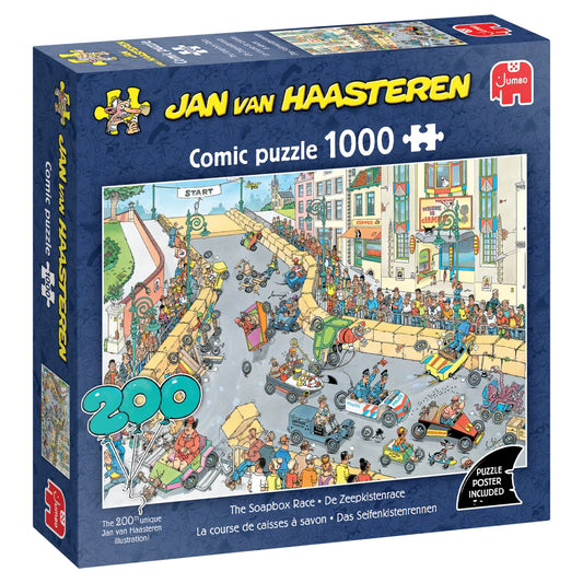 Jumbo 1000 gabalu puzle ar krāsainu, detalizētu Jana van Hāsterena ziepjkastes sacīkšu komiksu ilustrāciju uz kastes.