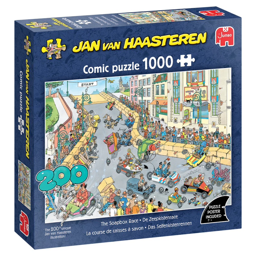 Jumbo 1000 gabalu puzle ar krāsainu, detalizētu Jana van Hāsterena ziepjkastes sacīkšu komiksu ilustrāciju uz kastes.