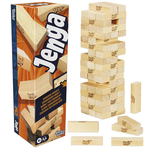Klasiskā Jenga spēle ar 54 gludiem, gaiša koka klucīšiem un zīmola kasti, kas piemērota ģimenes izklaidei.