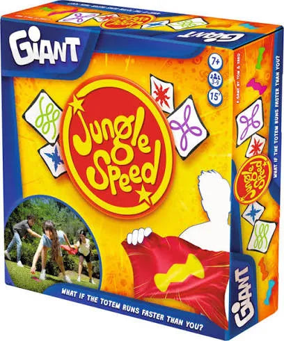 Jungle Speed Giant galda spēle dzeltenā kastē ar krāsainām spēļu kārtīm un attēlu, kurā cilvēki spēlē brīvā dabā.