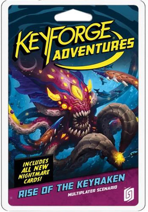 KeyForge Adventures spēles iepakojums ar purpursarkanu astoņkāji un zemūdens tematiku.