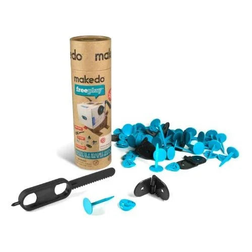 Makedo konstruktora komplekts ar 65 ziliem plastmasas stiprinājumiem un melnu zāģīti kartona modeļu veidošanai.