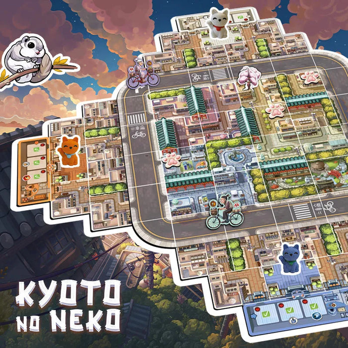 Kyoto no Neko galda spēles laukums ar krāsainu Kioto pilsētas karti, kaķu figūriņām un misiju elementiem uz spēles virsmas.