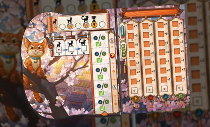 Kyoto no Neko galda spēles spēlētāja planšete ar kaķa ilustrāciju, prasmju attīstības skalu un punktu skaitīšanas laukumiem.