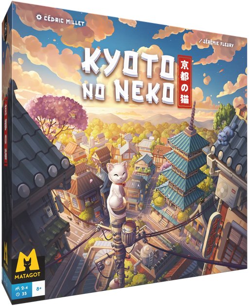 Galda spēles Kyoto no Neko kaste ar krāsainu Kioto pilsētas ilustrāciju un baltu kaķēnu uz elektrības staba.