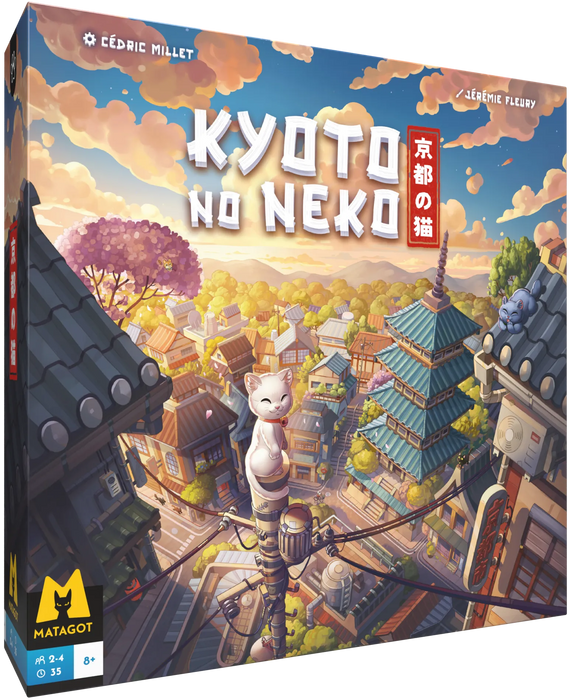 Galda spēles Kyoto no Neko kaste ar krāsainu Kioto pilsētas ilustrāciju un baltu kaķēnu uz elektrības staba.