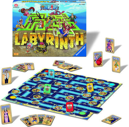 One Piece Labyrinth galda spēle ar maināmu spēles laukumu, krāsainām figūriņām un tēlu kārtīm uz zila ūdens fona.