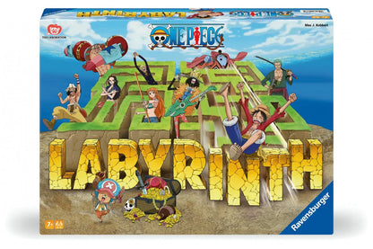 Ravensburger galda spēle Labyrinth One Piece ar krāsainiem anime varoņiem un mainīgu labirinta laukumu uz kartona kastes.