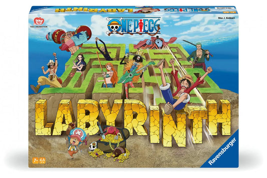 Ravensburger galda spēle Labyrinth One Piece ar krāsainiem anime varoņiem un mainīgu labirinta laukumu uz kartona kastes.