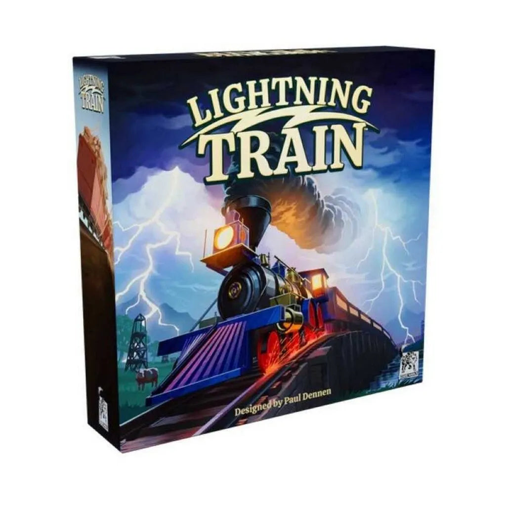 Galda spēles Lightning Train kaste ar ilustrāciju, kurā attēlots tvaika lokomotīve negaisa laikā ar zibens uzplaiksnījumiem.
