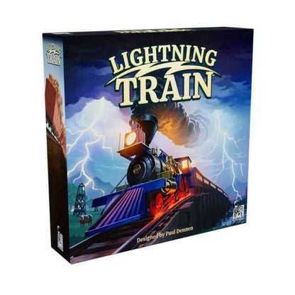 Galda spēles Lightning Train kaste ar ilustrāciju, kurā attēlots tvaika lokomotīve negaisa laikā ar zibens uzplaiksnījumiem.
