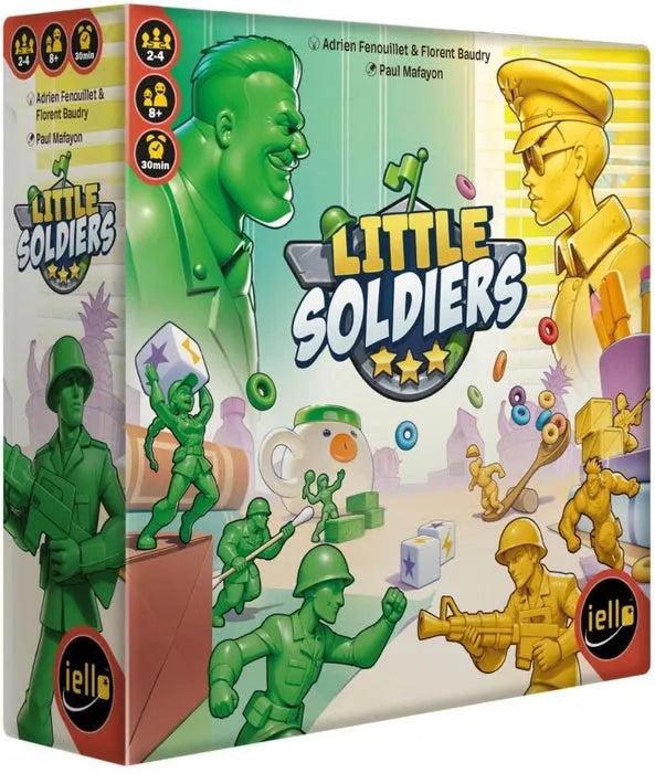 Little Soldiers galda spēles kaste ar zaļām un dzeltenām plastmasas karavīru figūriņām un spēles elementiem.