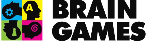 Brain Games logotips ar četriem krāsainiem kvadrātiem, kuros attēloti stilizēti cilvēku profili un simboli.