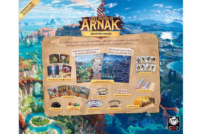 Lost Ruins of Arnak: Twisted Paths paplašinājuma spēles komponenti uz kartona fona ar kārtīm, žetoniem un divpusēju spēles laukumu.
