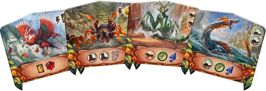Četras krāsainas Lost Ruins of Arnak: Twisted Paths spēles kārtis ar ilustrētiem briesmoņiem un resursu simboliem.