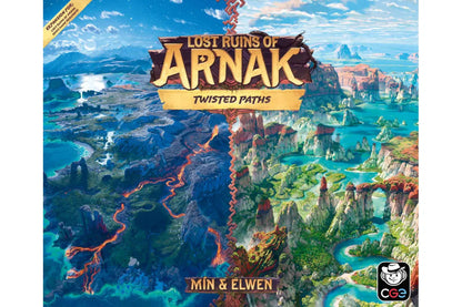 Lost Ruins of Arnak: Twisted Paths paplašinājuma kastes vāks ar krāsainu, sadalītu fantāzijas ainavu un spēles nosaukumu.