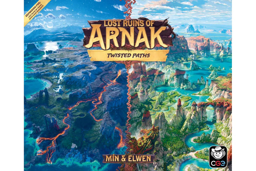 Lost Ruins of Arnak: Twisted Paths paplašinājuma kastes vāks ar krāsainu, sadalītu fantāzijas ainavu un spēles nosaukumu.