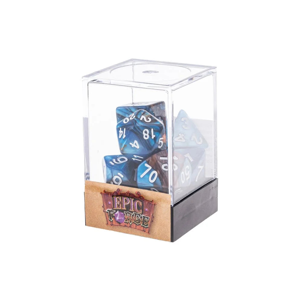 Set of 7 Dice in Box – Blue and Gold Fusion