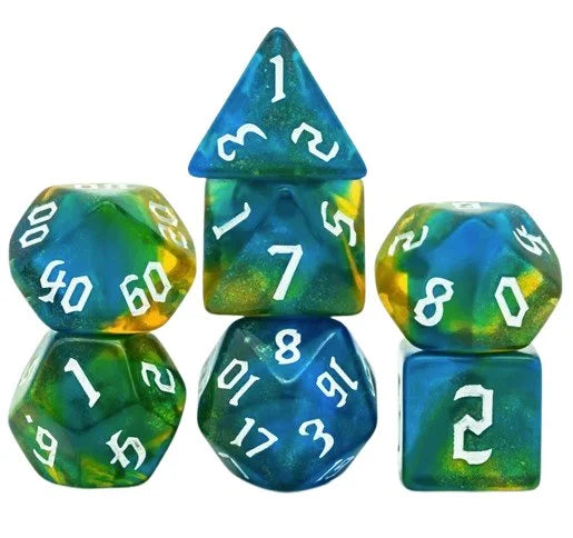 Set of 7 Resin Dice in Box – Green and Blue Glitter