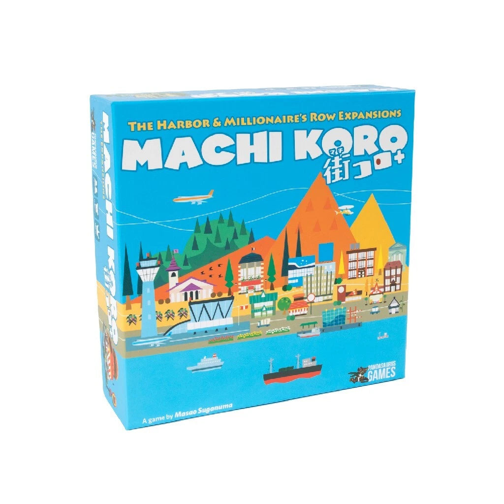 Machi Koro galda spēles papildinājuma kaste ar krāsainu pilsētas un ostas ilustrāciju uz zila fona.