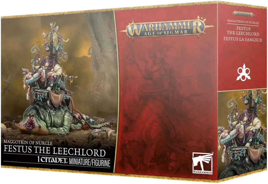Warhammer Age of Sigmar Festus Līhlorda plastmasas miniatūra uz zaļas radības ar detalizētiem Nurgle armijas elementiem.