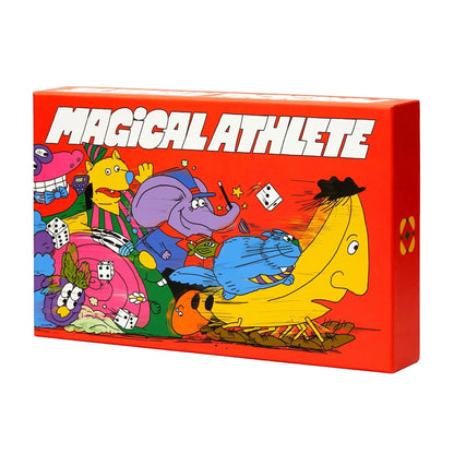 Magical Athlete galda spēles kaste ar košu sarkanu fonu un krāsainiem multfilmu tēliem, kas piedalās jautrās sacensībās.