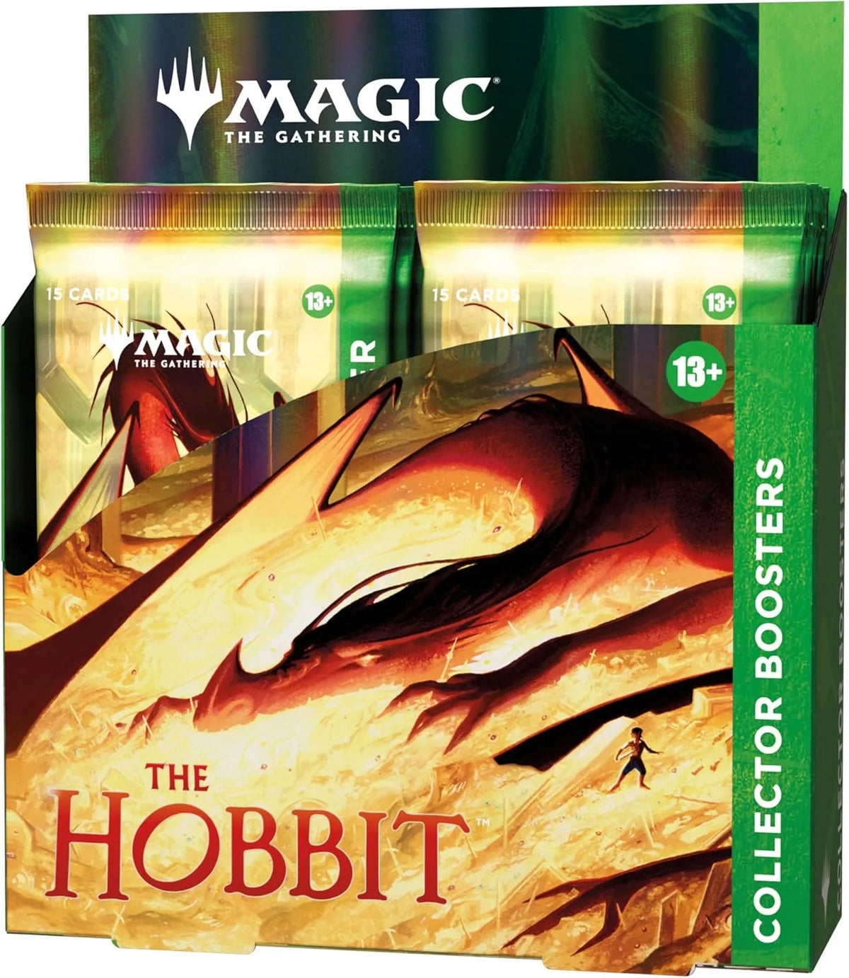 Magic The Gathering The Hobbit kolekcionāra pastiprinātāju iepakojums ar pūķa ilustrāciju uz zaļa fona.