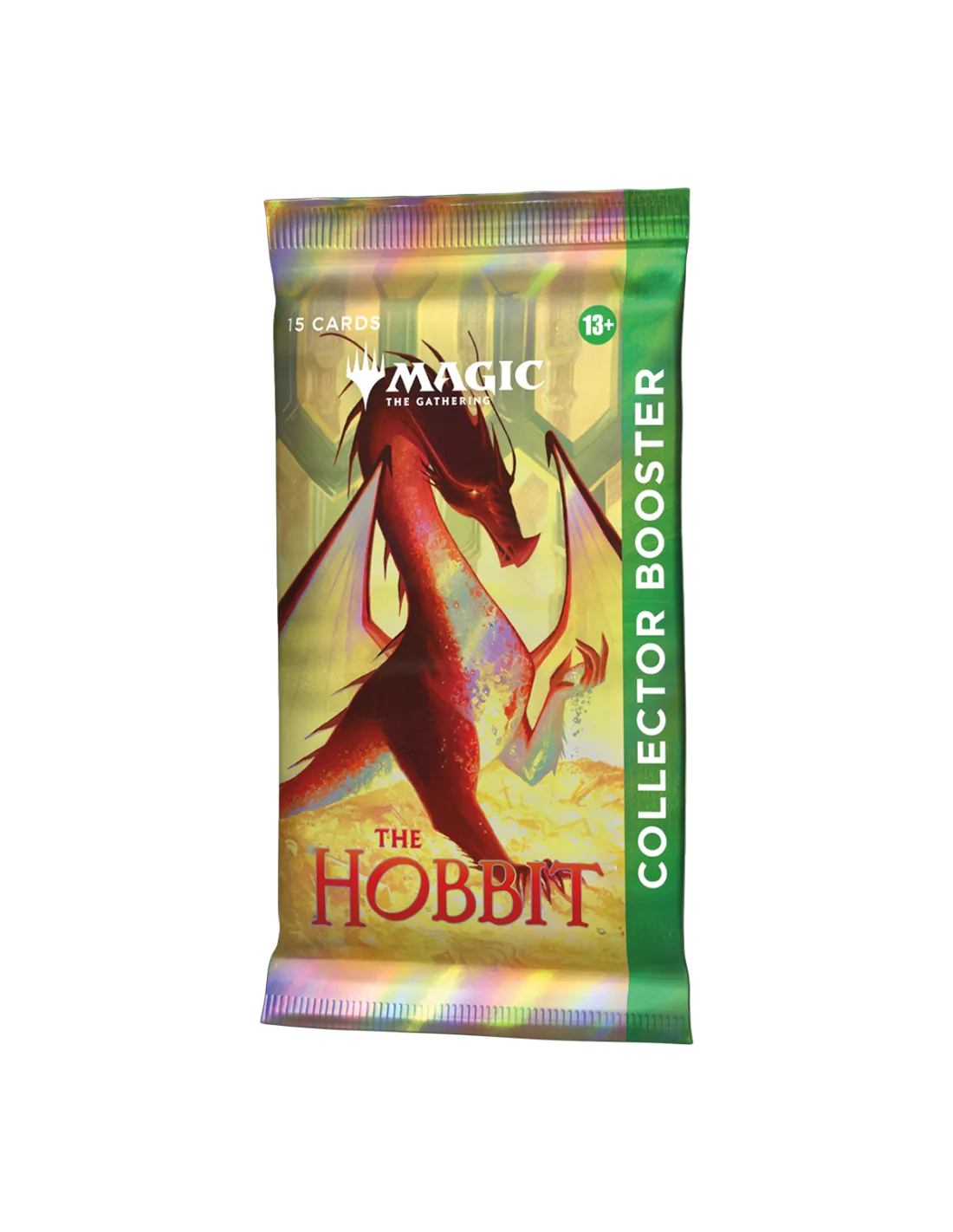Magic: The Gathering The Hobbit kolekcionāra pastiprinātājs ar sarkanu pūķi uz mirdzoša, zeltīta fona.
