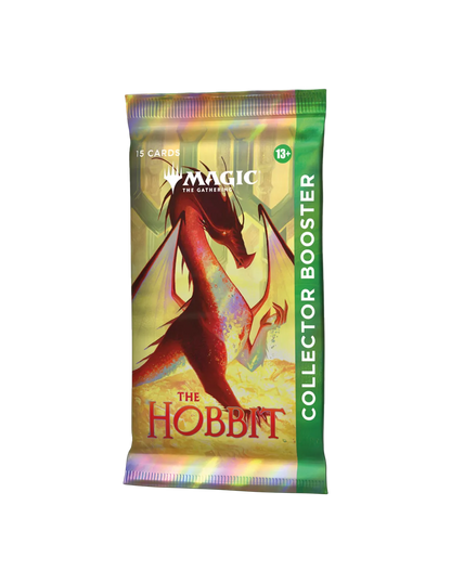 Magic: The Gathering The Hobbit kolekcionāra pastiprinātājs ar sarkanu pūķi uz mirdzoša, zeltīta fona.