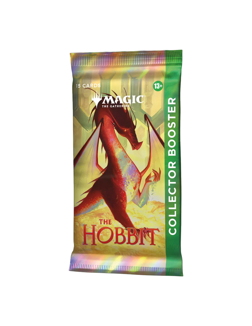 Magic: The Gathering The Hobbit kolekcionāra pastiprinātājs ar sarkanu pūķi uz mirdzoša, zeltīta fona.