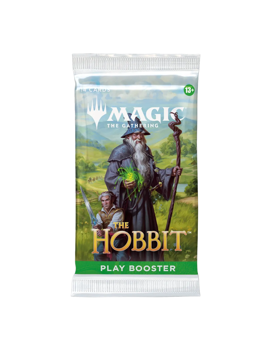 Magic: The Gathering The Hobbit Play Booster iepakojums ar Gendalfa un hobita ilustrāciju uz zaļa fona.