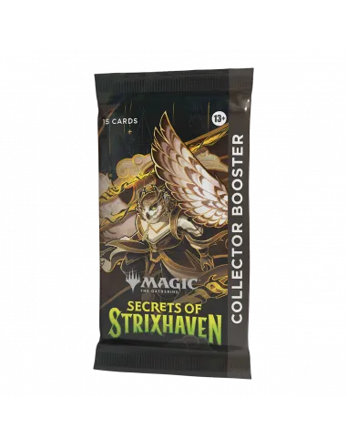 Strixhaven Collector Booster iepakojums ar pūces tēlu, zelta elementiem un 15 kāršu komplektu Magic spēlei.