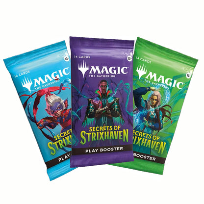 Trīs krāsainas Magic: The Gathering Strixhaven kāršu paciņas ar ilustrētiem tēliem un 14 kāršu iepakojumu.
