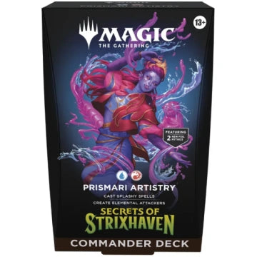 Magic The Gathering Prismari Artistry Commander kāršu komplekts ar zilu un sarkanu elementālu tēlu uz melnas kastes.