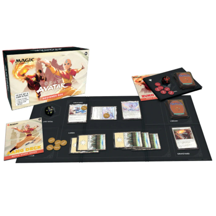 Magic The Gathering Avatar iesācēja komplekts ar spēles laukumu, kārtīm, žetoniem un instrukcijām uz balta fona.