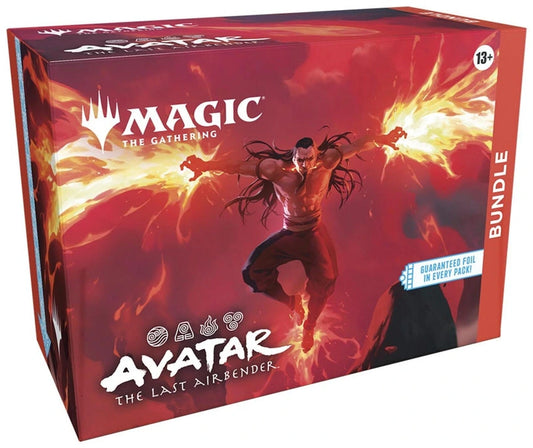 Magic: The Gathering Avatar The Last Airbender komplekts ar ugunīgu dizainu un folijas kāršu garantiju.