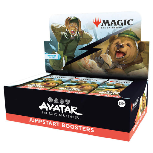 Magic: The Gathering Avatar Jumpstart iepakojums ar krāsainām kāršu paciņām un animācijas seriāla tēlu ilustrācijām.