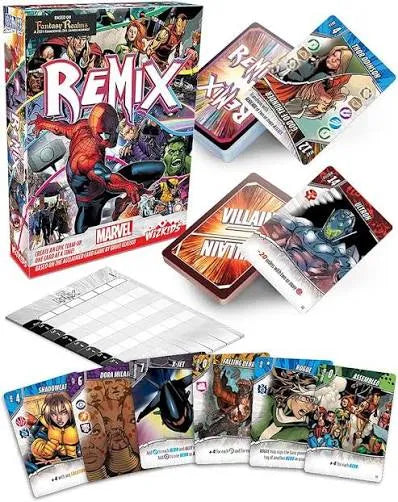 Marvel: Remix kāršu spēle ar krāsainu kasti, spēļu kārtīm, punktu skaitīšanas bloku un Marvel supervaroņu ilustrācijām.