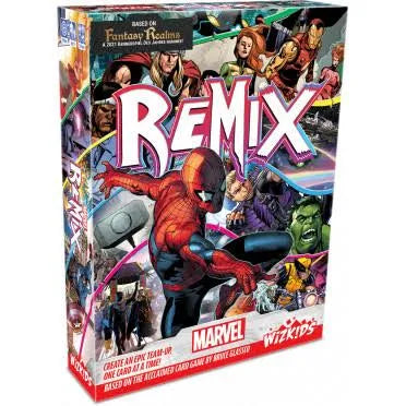 Marvel: Remix kāršu spēles kaste ar krāsainu komiksu stila ilustrāciju, kurā attēlots Zirnekļcilvēks un citi Marvel varoņi.
