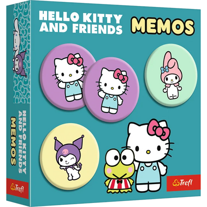 Trefl Hello Kitty atmiņas spēle ar apaļām kartiņām, kurās attēloti krāsaini Hello Kitty un draugu tēli uz zila iepakojuma.