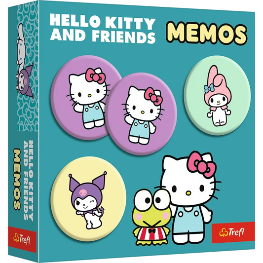 Trefl Hello Kitty atmiņas spēle ar apaļām kartiņām, kurās attēloti krāsaini Hello Kitty un draugu tēli uz zila iepakojuma.
