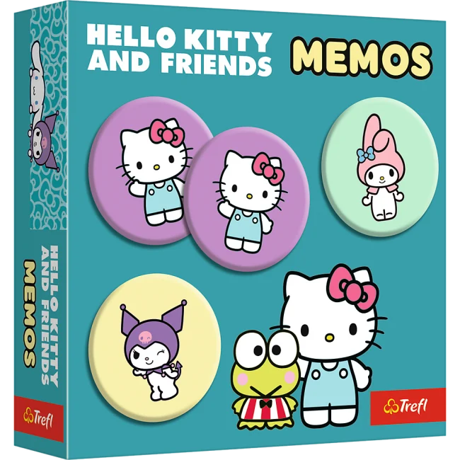 Trefl Hello Kitty atmiņas spēle ar apaļām kartiņām, kurās attēloti krāsaini Hello Kitty un draugu tēli uz zila iepakojuma.