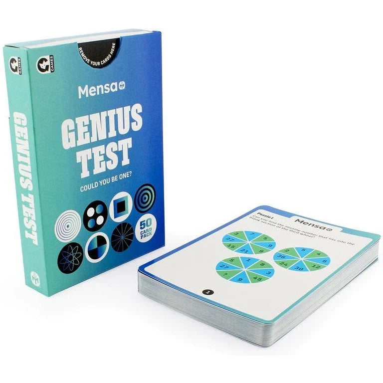 Zila Mensa Genius Test spēles kaste un 50 divpusējas loģikas mīklu kartītes ar skaitļu uzdevumiem uz balta fona.