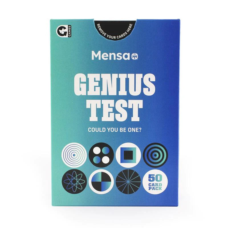 Mensa Genius Test kāršu spēle zilā un zaļā iepakojumā ar 50 loģikas mīklu kartītēm intelektuālam izaicinājumam.