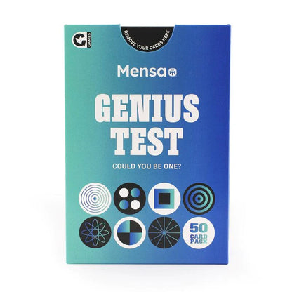 Mensa Genius Test kāršu spēle zilā un zaļā iepakojumā ar 50 loģikas mīklu kartītēm intelektuālam izaicinājumam.