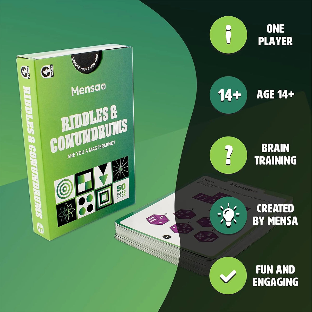 Mensa Riddles & Conundrums kāršu komplekts zaļā kastītē ar 50 loģikas uzdevumiem prāta asināšanai un izklaidei.