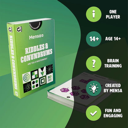 Mensa Riddles & Conundrums kāršu komplekts zaļā kastītē ar 50 loģikas uzdevumiem prāta asināšanai un izklaidei.