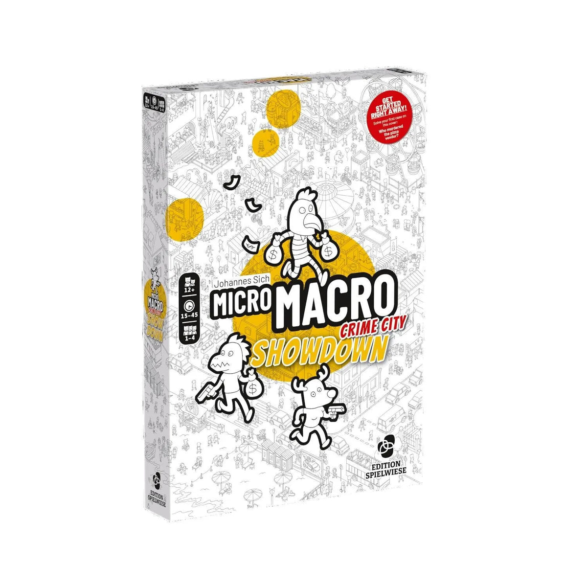 MicroMacro: Crime City – Showdown galda spēles kaste ar melnbaltu ilustrētu karti un dzelteniem akcentiem.